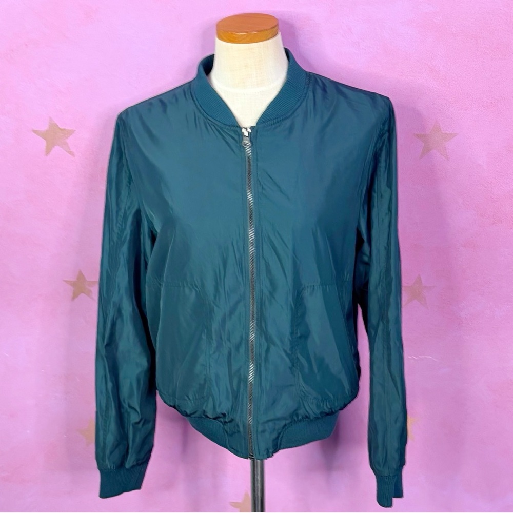 Anthropologie Hei Hei Jacket Womens Medium Green Bomber Zip Satin Dark Teal